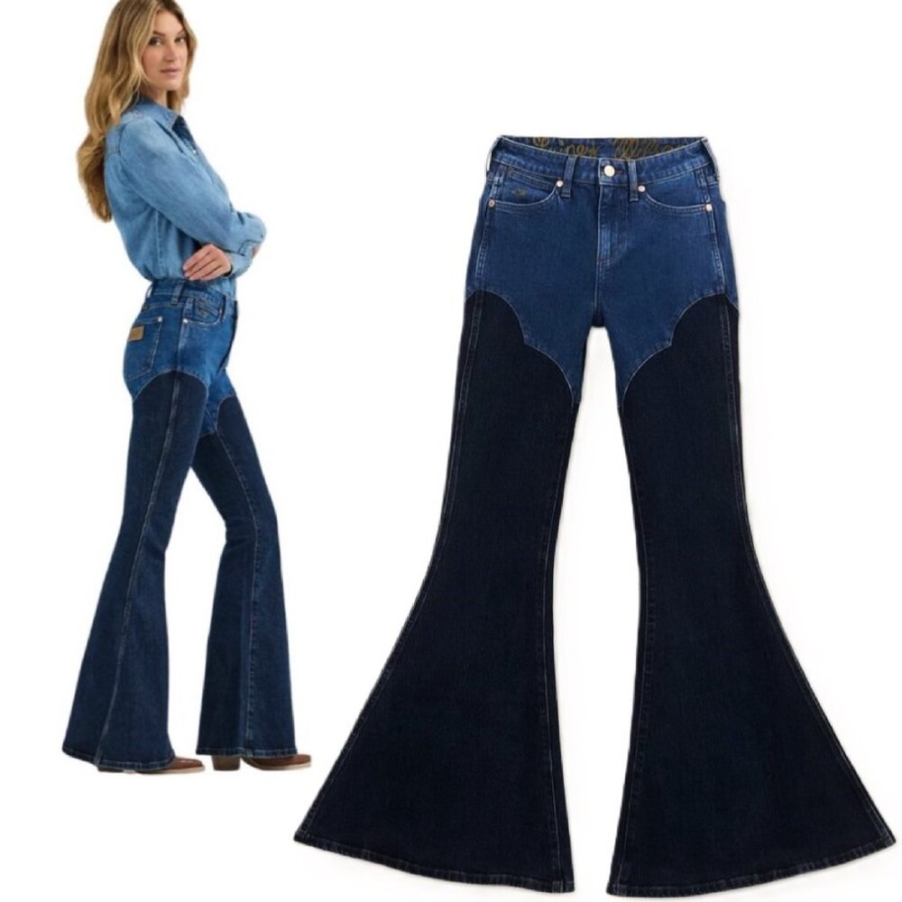 Wrangler Lainey Wilson Western Chap 2 -Tone Blues Flare Bell Bottom Jean 27 X 32